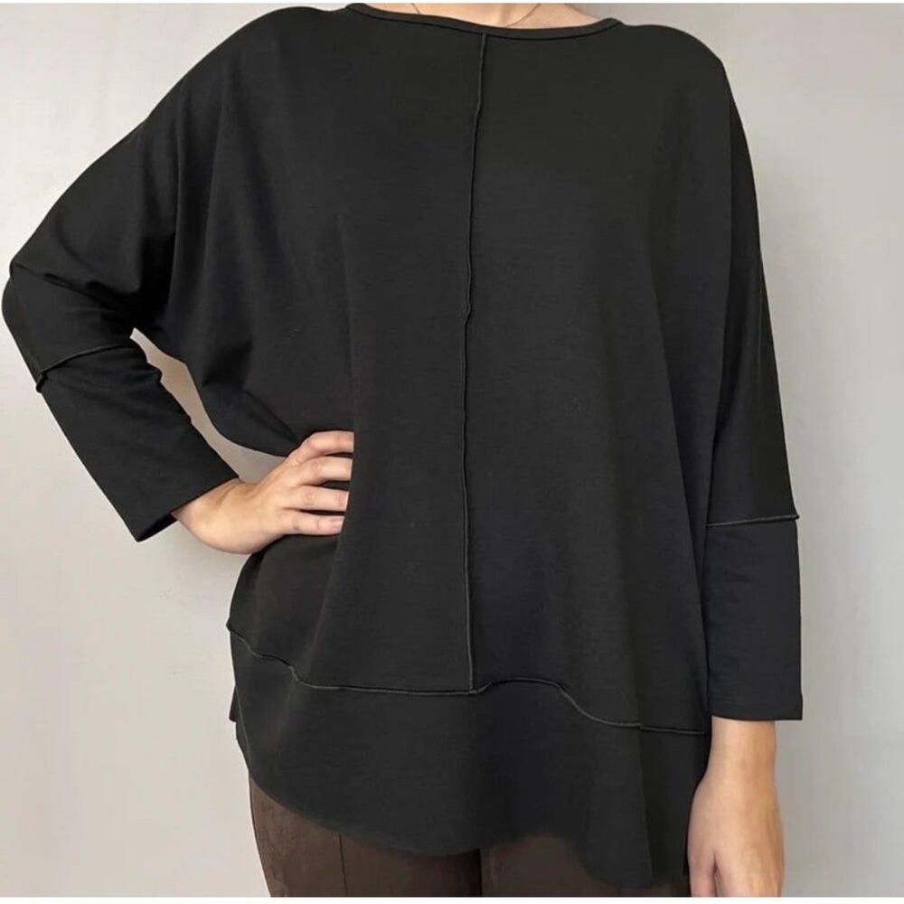 Spanx Sweatshirt Womens Large Black Crew Neck 3/4 Sleeve Gym Inside Out Oversize